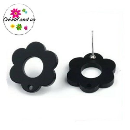 Clou oreille fleur noire acrylique et tige argent 925