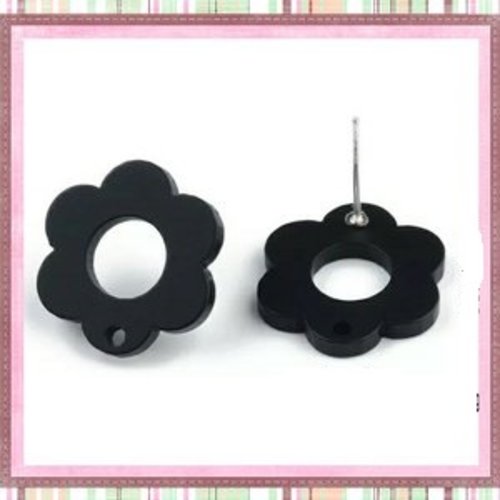 Clou oreille fleur noire acrylique et tige argent 925