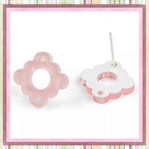 Clou oreille carré fleur rose pailleté  acrylique et tige argent 925