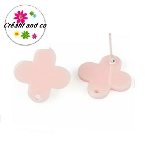 Clou oreille trèfle à 4 feuilles rose acrylique et tige argent 925