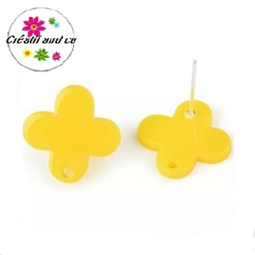 Clou oreille trèfle à 4 feuilles jaune acrylique et tige argent 925