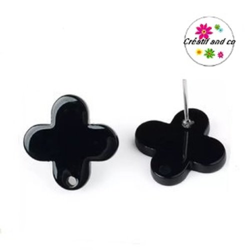 Clou oreille trèfle à 4 feuilles noir acrylique et tige argent 925