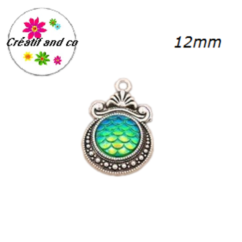 Pendentif argent tibétain cabochon écaille vert 12mm