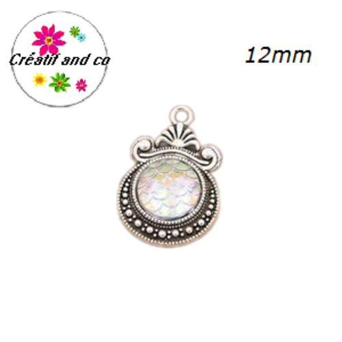 Pendentif argent tibétain cabochon écaille blanc brillant 12mm