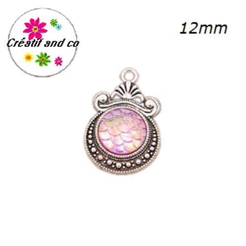 Pendentif argent tibétain cabochon écaille rose 12mm
