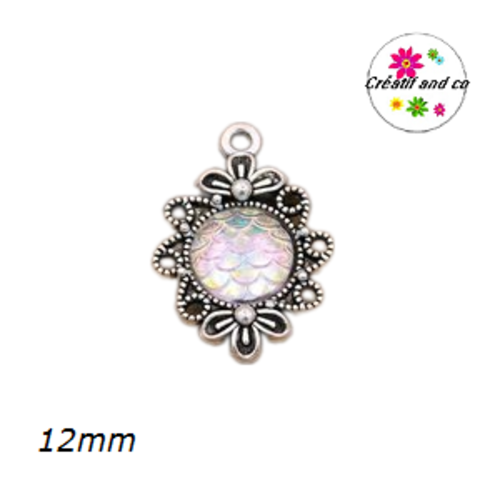 Pendentif argent tibétain cabochon écaille blanc rosé 12mm