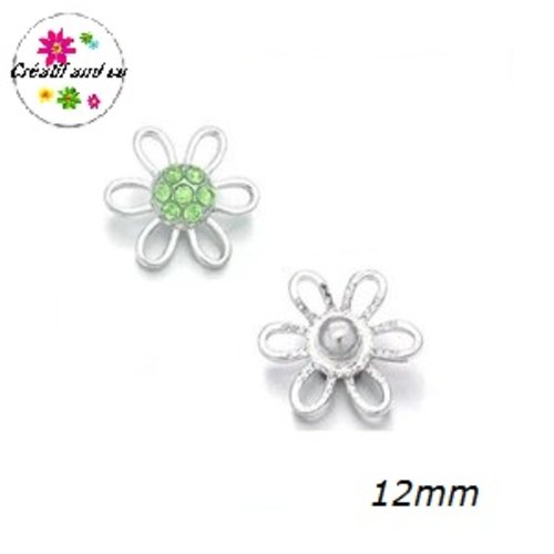 Bouton pression métal fleur et strass vert 12mm