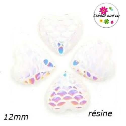 X2 cabochons coeur écaille blanc résine 12mm