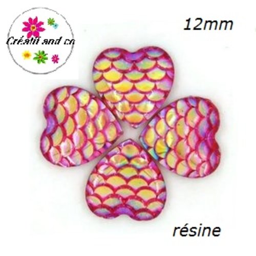 X2 cabochons coeur écaille fuchsia résine 12mm