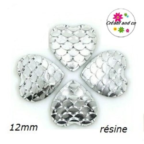 X2 cabochons coeur écaille argent résine 12mm
