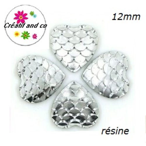 X2 cabochons coeur écaille argent résine 12mm