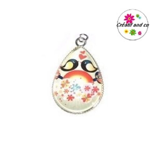 Pendentif cabochon goutte duo d'oiseaux