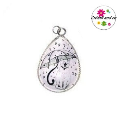 Pendentif cabochon goutte chat sous la pluie