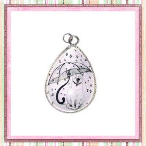 Pendentif et son cabochon goutte chat sous la pluie 18x25mm