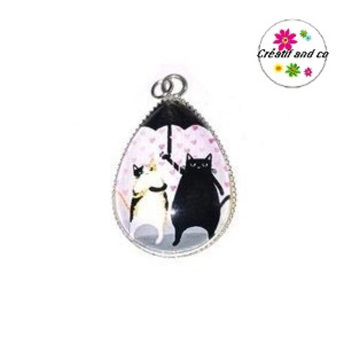 Pendentif cabochon goutte chat sous la pluie