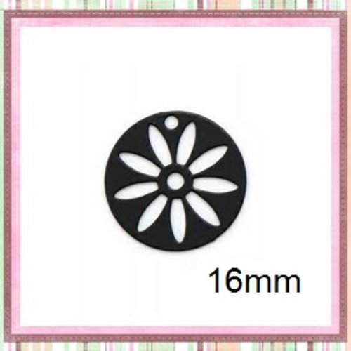 Breloque estampe ronde motif fleur intérieure noire 16mm