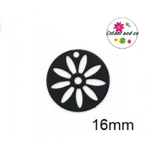 Breloque estampe ronde motif fleur intérieure noire 16mm