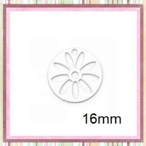 Breloque estampe ronde motif fleur intérieure argent 16mm