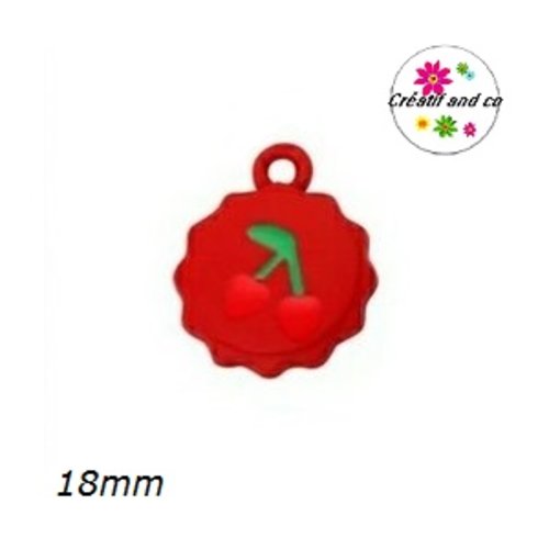 Breloque capsule bouteille rouge motif cerise émail 18mm
