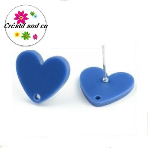 Clou oreille coeur bleu acrylique et tige argent 925