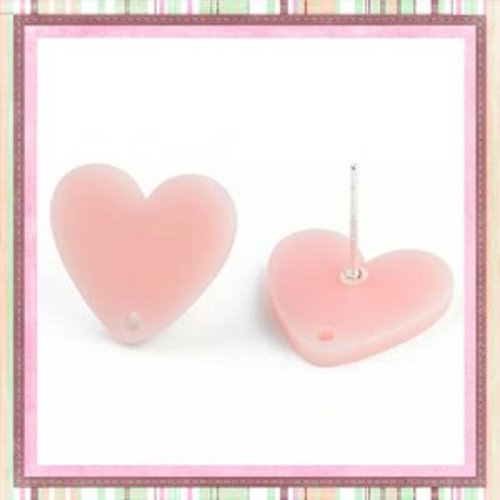 Clou oreille coeur rose acrylique et tige argent 925