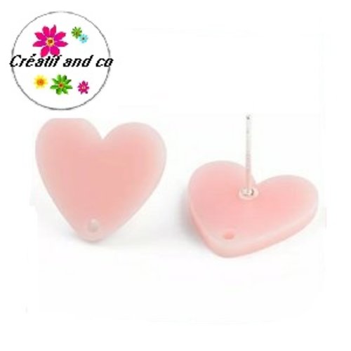 Clou oreille coeur rose acrylique et tige argent 925