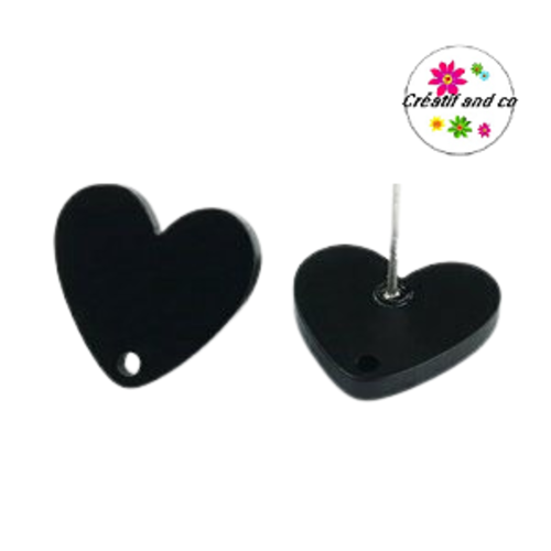 Clou oreille coeur noir  acrylique et tige argent 925