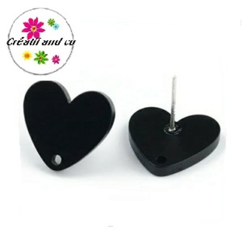 Clou oreille coeur noir  acrylique et tige argent 925