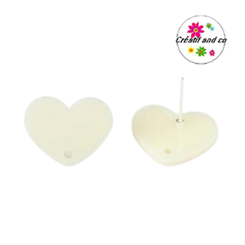 Clou oreille coeur blanc/beige acrylique et tige argent 925