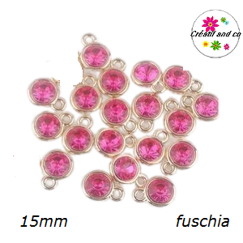 Pendentif acrylique doré strass fuchsia 15mm