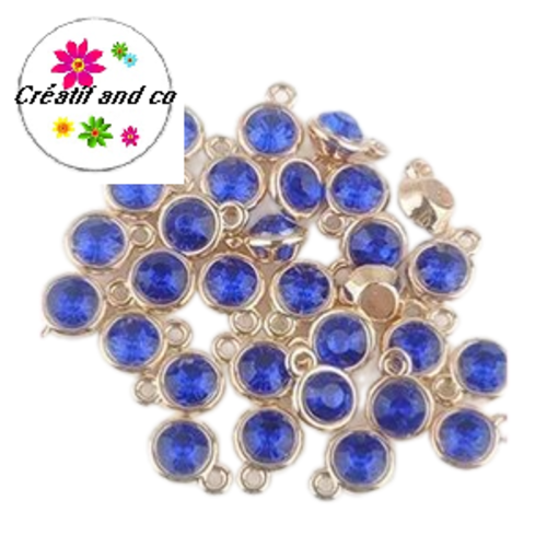 Pendentif acrylique doré strass bleu roi 15mm