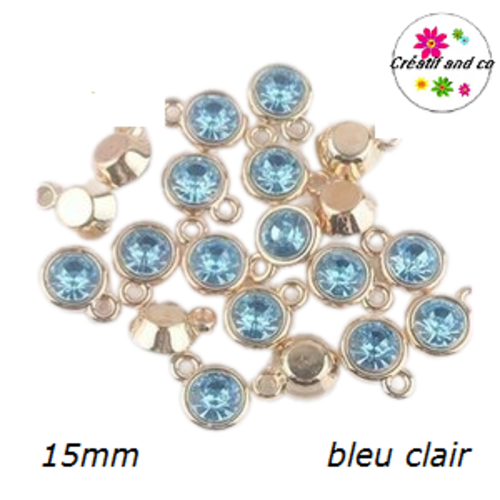 Pendentif acrylique doré strass bleu clair 15mm