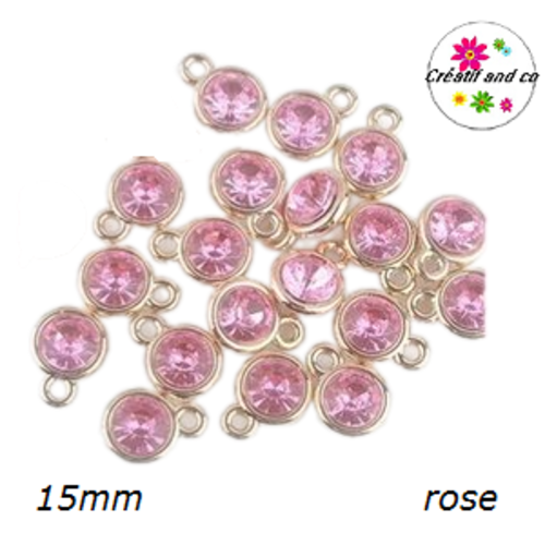 Pendentif acrylique doré strass rose 15mm