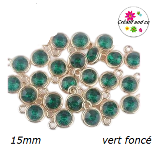 Pendentif acrylique doré strass vert foncé 15mm