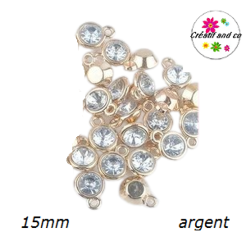 Pendentif acrylique doré strass argent 15mm