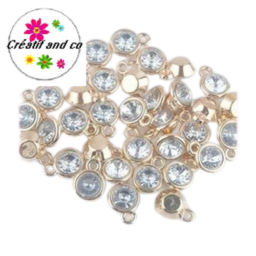 Pendentif acrylique doré strass argent 15mm