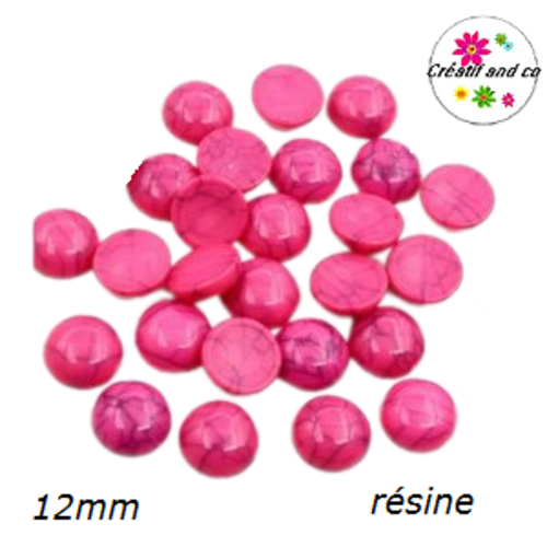 X2 cabochons dôme fuchsia/noir résine 12mm