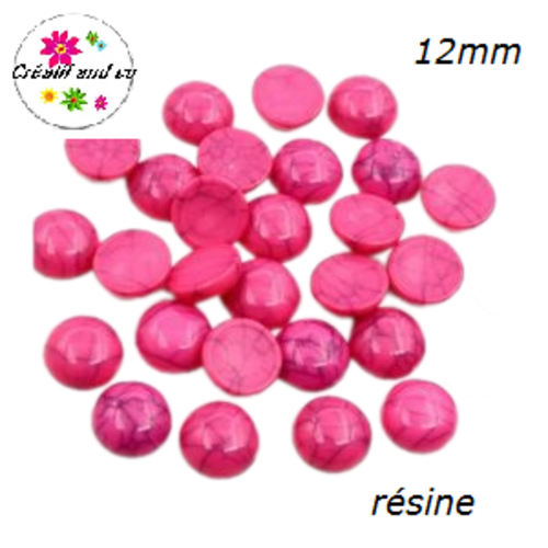 X2 cabochons dôme fuchsia/noir résine 12mm