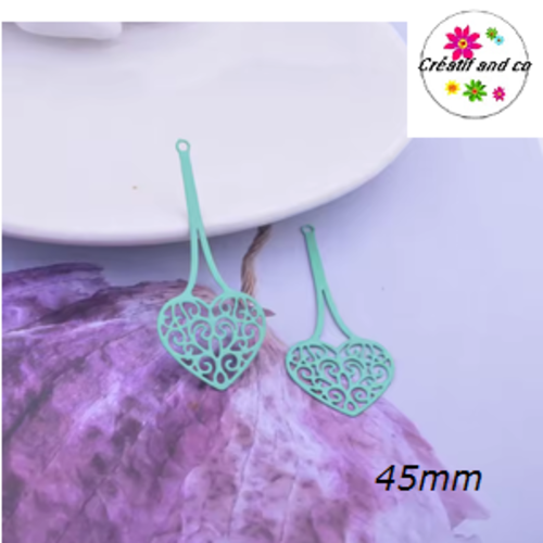 Breloque estampe pendante forme coeur vert paon 45mm