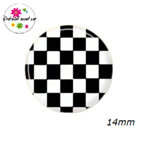 X2 cabochons carreaux noir fond blanc 14mm