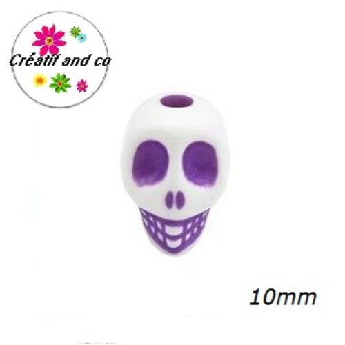 X10 perles tête de mort blanche/mauve 10mm