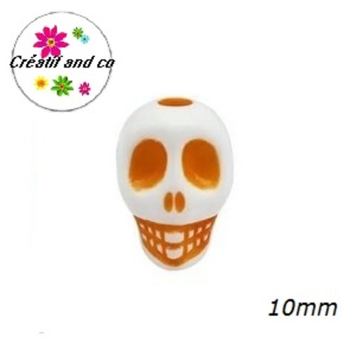 X10 perles tête de mort blanche/orange 10mm