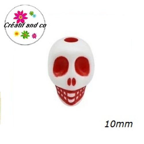 X10 perles tête de mort blanche/rouge 10mm