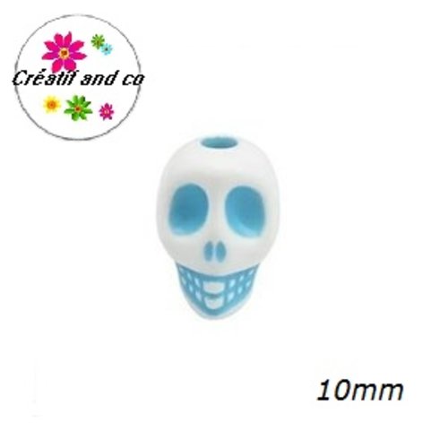 X10 perles tête de mort blanche/bleu 10mm