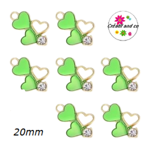 Breloque trio de coeur vert et strass émail 20mm