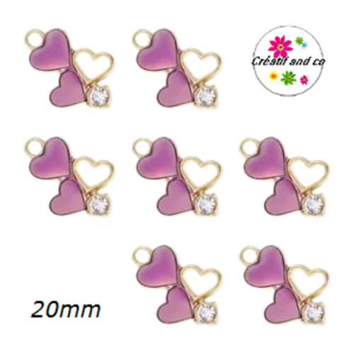 Breloque trio de coeur parme et strass émail 20mm