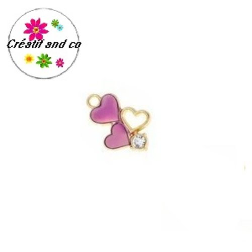 Breloque trio de coeur parme et strass émail 20mm