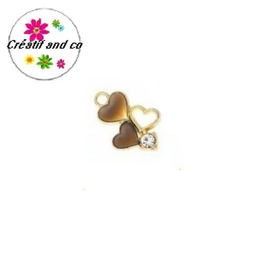 Breloque trio de coeur marron et strass émail 20mm