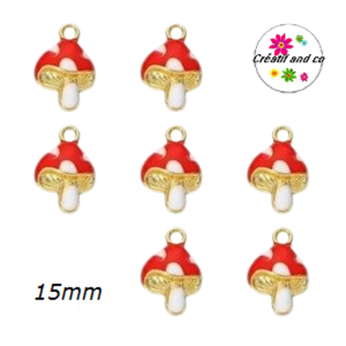 Breloque champignon dorée/rouge émail 15mm