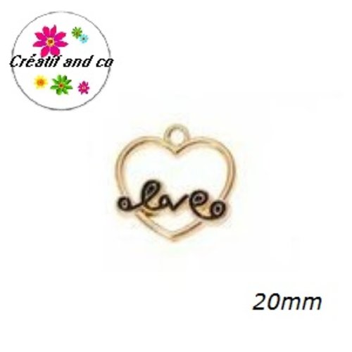 Breloque coeur dorée love émail noire 20mm